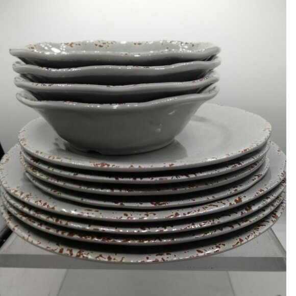 Tommy Bahama 12-Piece Rustic Stoneware Dinnerware Set - Crackle Gray With Brown - Picture 1 of 8